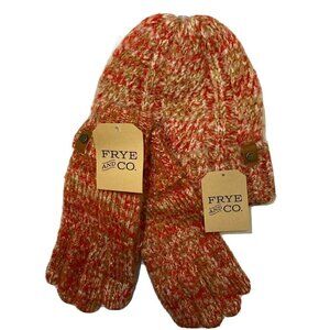 Frye & Co NWT Scarlet Space Dye Beanie & Matching Gloves w/Cuff  Coral Tan Cream